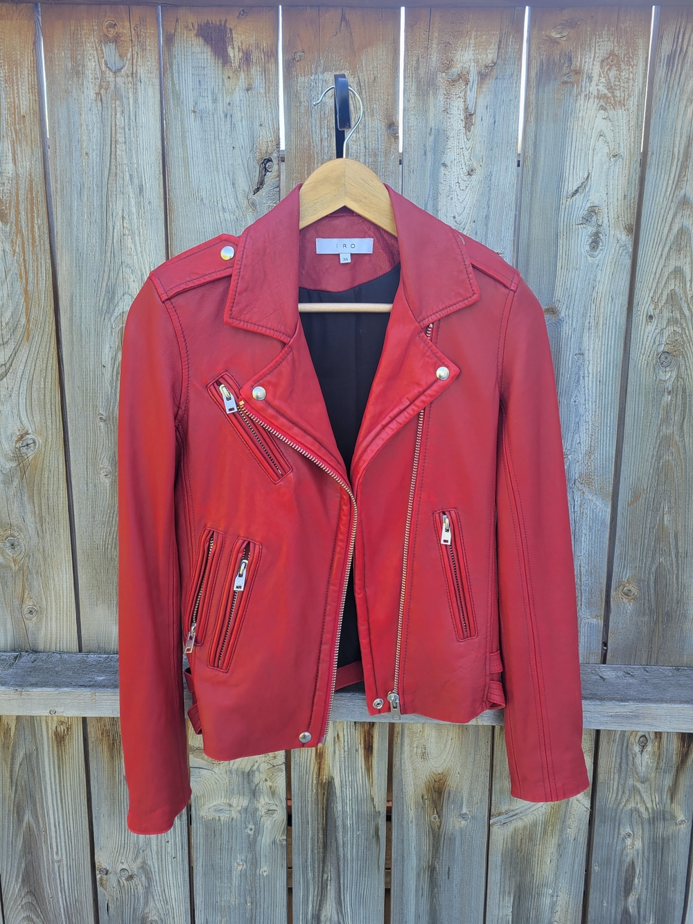 IRO Red Leather Moto Jacket with Silver Hardware